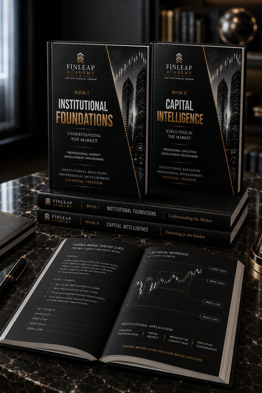 Sample pages from the FinLeap curriculum showing the Candle Range Theory reference model